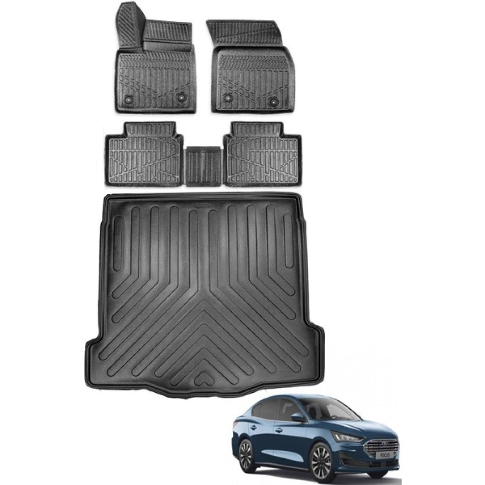 Ford Focus Sedan 2020 Model Tamir Kitli Bagaj Havuzu+Araca Özel Üretim 3D Havuzlu Paspas - Siyah Oto Paspas Fiyatı