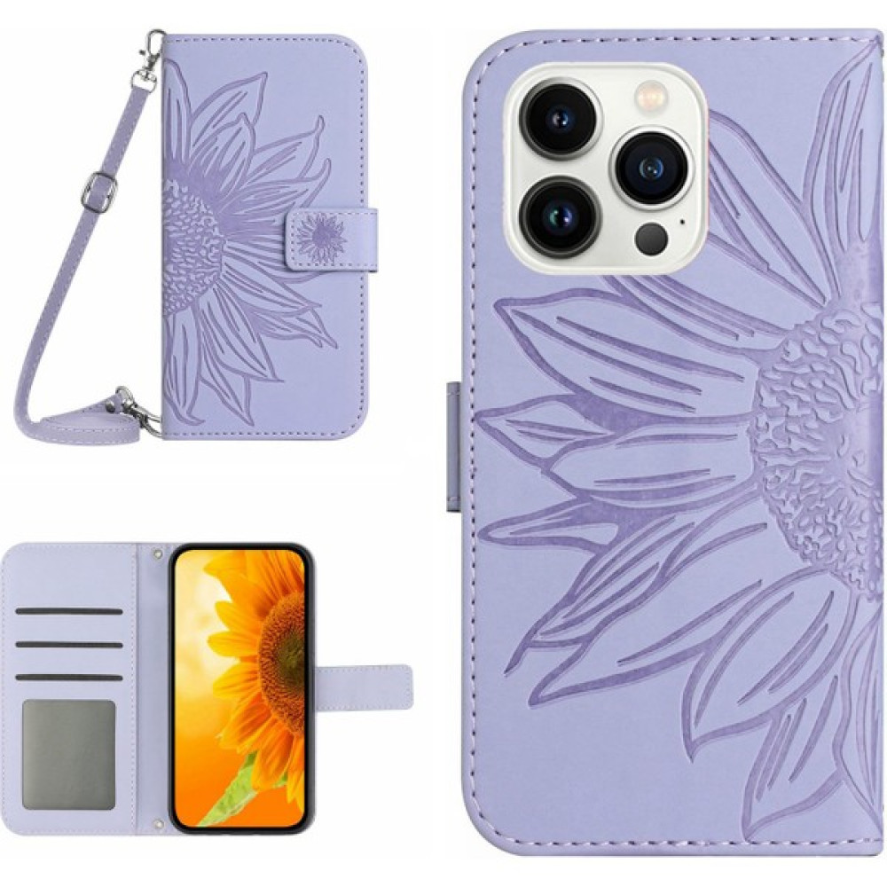 Forestl Digital İphone 15 Pro Telefon Kılıfı Stand Stand Kabuk Ayçiçeği Deri Deri Cüzdan Omuz Kayışı Işık Mor İle Telefon Kılıfı (Yurt Dışından) Cep Telefonu Kılıfı Fiyatı