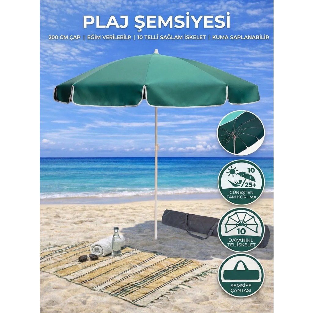 Form Outdoor Plaj Şemsiyesi 200 cm Çapında 360 Derece Dönebilir, Taşıma Çantası - Koyu Yeşil Diğer Fiyatı