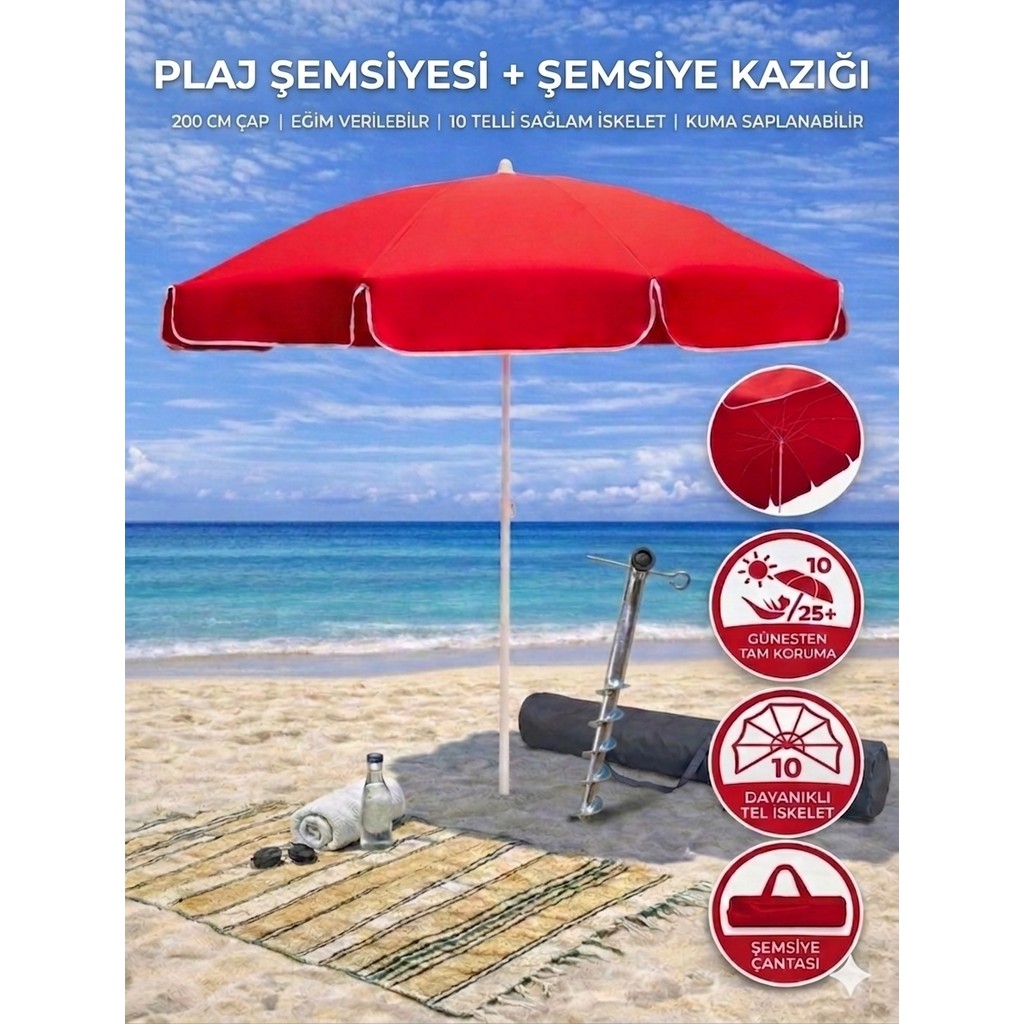 Form Outdoor Plaj Şemsiyesi + Şemsiye Kazığı + Taşıma Çantası Hediyeli - Kırmızı Diğer Fiyatı
