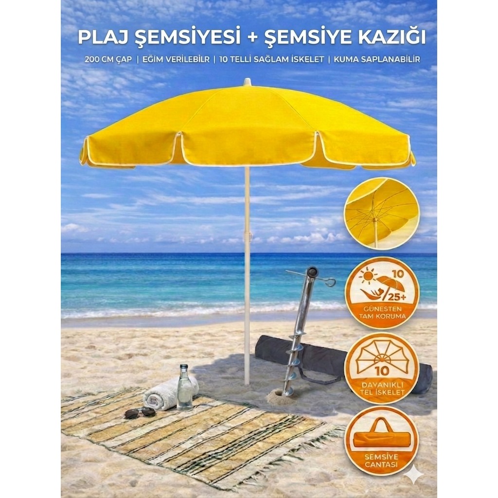 Form Outdoor Plaj Şemsiyesi + Şemsiye Kazığı + Taşıma Çantası Hediyeli - Sarı Diğer Fiyatı