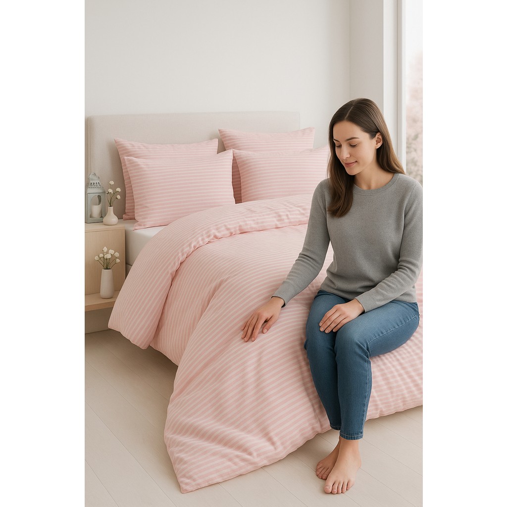 Formeya Modern Çizgili Lastikli Çarşaflı Tek Kişilik Nevresim Takımı - Pudra - 160 x 220 cm Nevresim Takımı Fiyatı