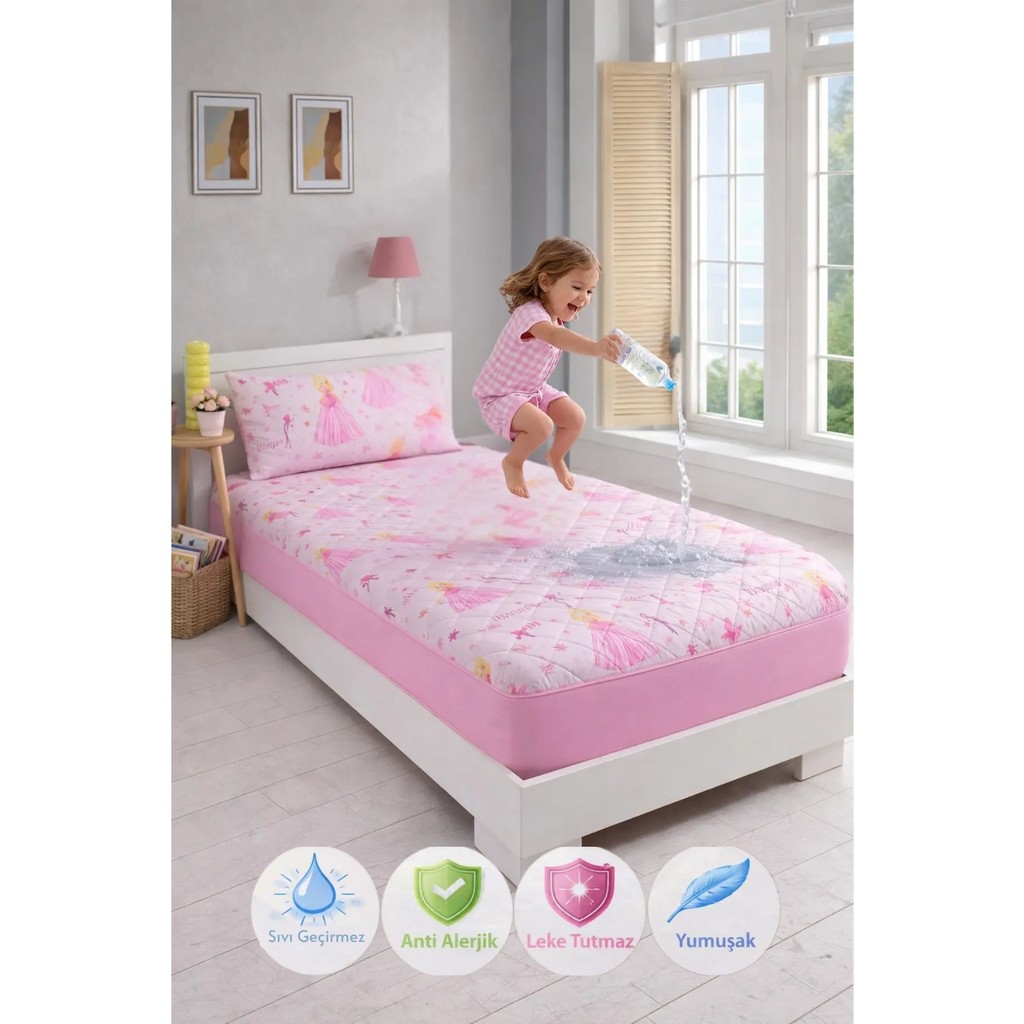 Formeya Prenses Desen Tek Kişilik Kapitone Fitted Su Sıvı Geçirmez Yatak Alezi Seti (1 Adet Yastık Kılıflı) - 100 x 200 cm - Pembe Yastık Kılıfı Fiyatı