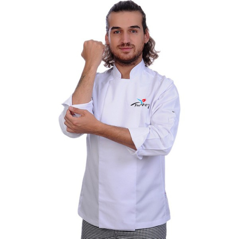 Formteks Erkek Beyaz Şef Aşçı Ceketi Turkey Logolu Uzun Kol Koltuk Altı Fileli X-Large - 3XL Mutfak Önlüğü Fiyatı