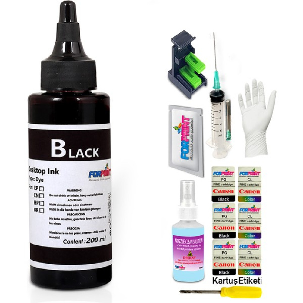 Forprint Canon Pıxma E464/E474 Yazıcı Uyumlu Forprint Dolum Seti 200ML Siyah - BK Dye - Siyah Kartuş Dolum Ürünleri Fiyatı