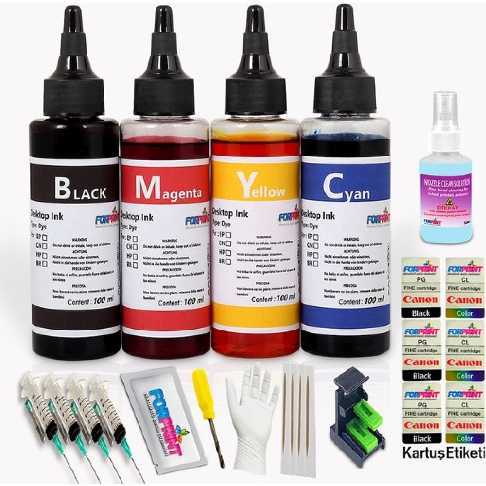 Forprint Canon Pıxma E464/E474 Yazıcı Uyumlu Forprint Dolum Seti 4X100ML - PRO Set - 4 Renk Kartuşlar Fiyatı