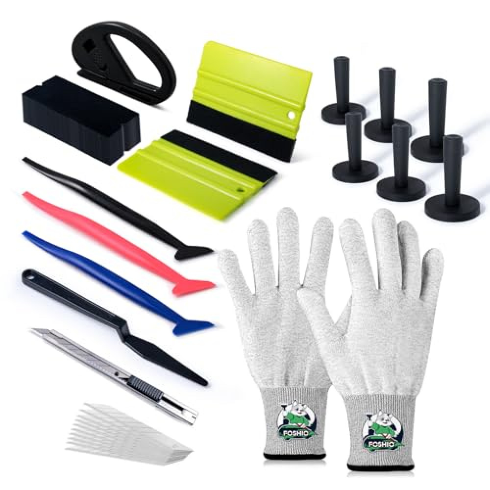 FOSHIO Vinyl Magnets Window Tint Kit, 6PCS Car Wrap Magnets & Vinyl Wrap Gloves, Felt Squeegee and Felt Tape, Utility Knife Set Wrapping Paper Cutter, Micro Squeegee Corner Squeegee Window Tint Tools