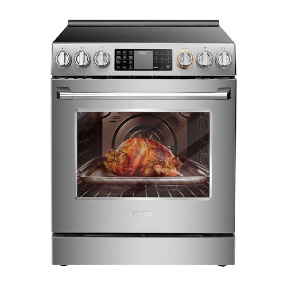 FOTILE RES30552 Stainless Steel 30" Slide-In Electric Range with True Convection and Air Fry, 5-Burner Stove, 5.7 Cu. Ft. Oven, Self-Cleaning Mode, FreshBake Feature, and Easy-Touch Controls