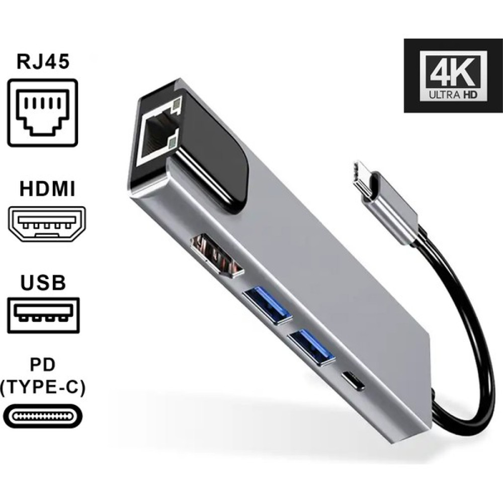 Foxyn Fxn-5r Type-C To 2*usb 3.0 4K HDMI Ethernet RJ45 Pd Çevirici Dönüştürücü Hub Adaptör Bilgisayar Çevirici ve Adaptörü Fiyatı