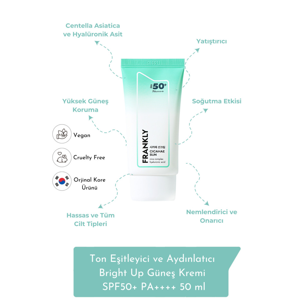 FRANKLY Centella Asiatica İçeren Nemlendirici CICAHAE Güneş Kremi SPF50+ PA++++ 50 ml Güneş Kremleri ve Losyonları Fiyatı