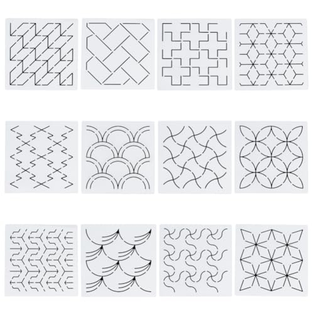 FREEBLOSS 12Pcs Sashiko Stencils Sashiko Embroidery PET Template Drawing Line Template for Hand Quilting Sashiko Patterns Templates Embroidery Stencils 5.5 * 5.5''