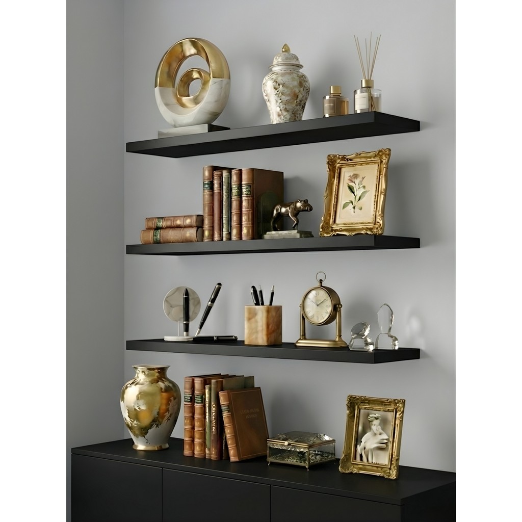 Freehome Premium Mdf Ürün Duvar Rafı 3'lü Set 60X15 cm Uçan Raf Modern Kitaplık Mutfak Banyo Rafı - Siyah Kitaplık Fiyatı
