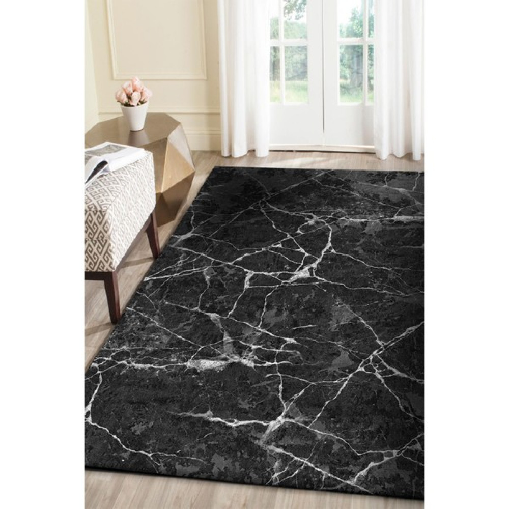 Frenda Home Mermer Desen Kaymaz Deri Taban Baskılı Halı - Siyah - 100 x 200 cm Salon Halısı Fiyatı
