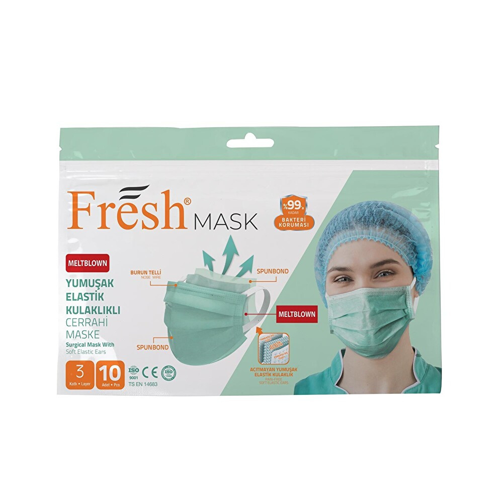 Fresh Mask 3 Katlı Filtreli Burun Telli Medikal Maske 10'lu Paket Kalın Ipli Açık Yeşil Maskeler Fiyatı
