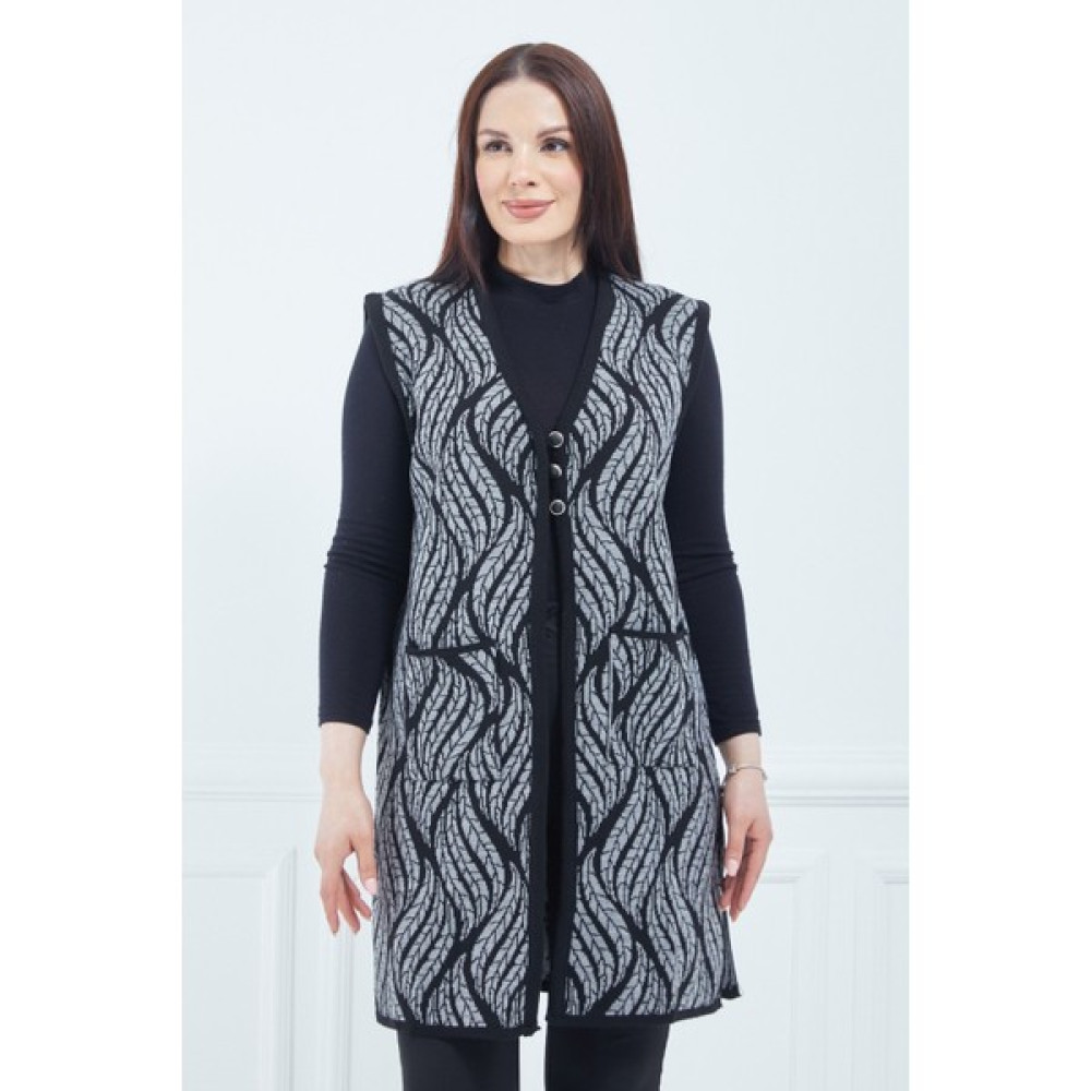 Fresh Moda Kadın Gri Desenli Cepli Uzun Kışlık Triko Anne Yelek Kadın Yelek Fiyatı