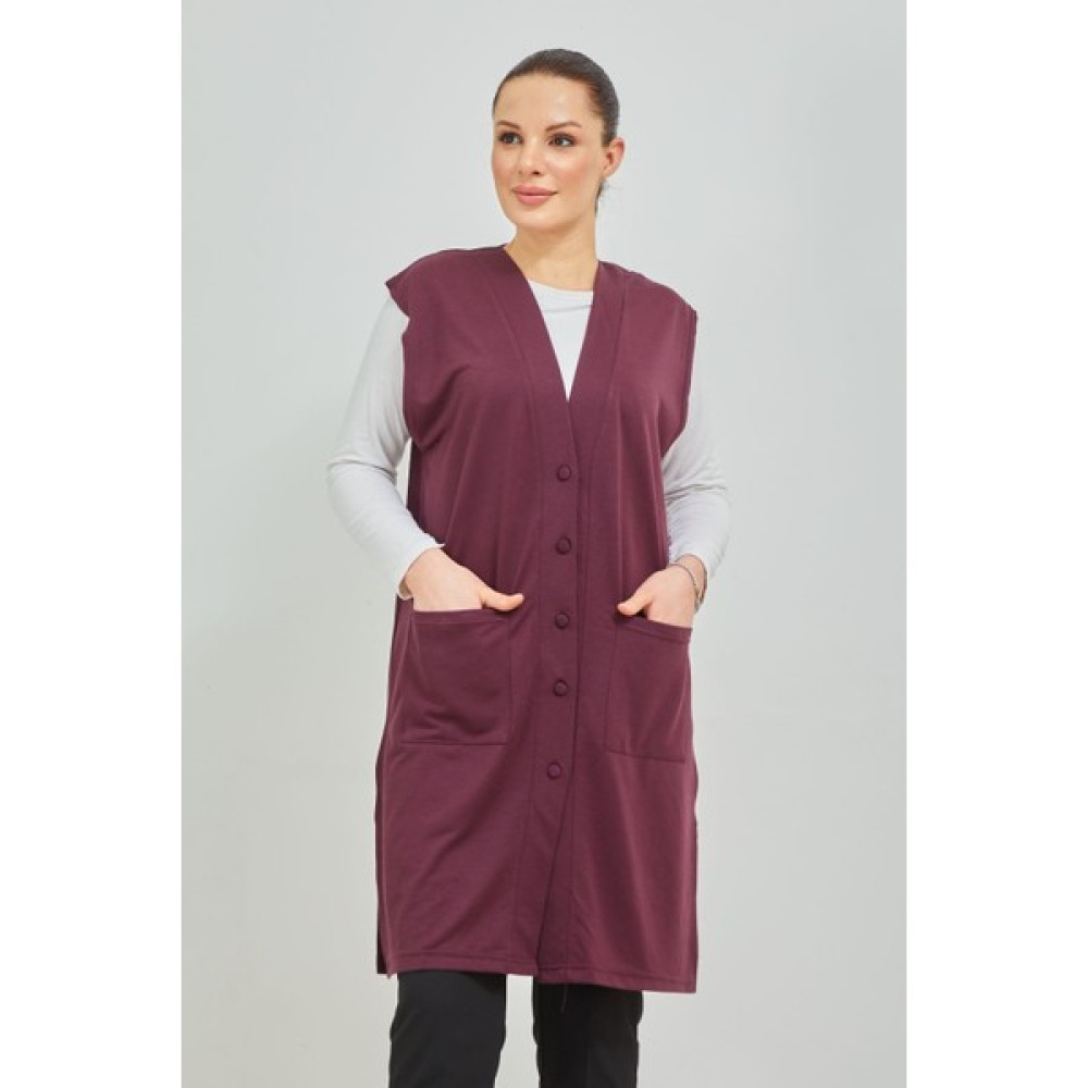 Fresh Moda Kadın Mürdüm Uzun Cepli Düğmeli Penye Anne Büyük Beden Tunik Yelek Kadın Yelek Fiyatı