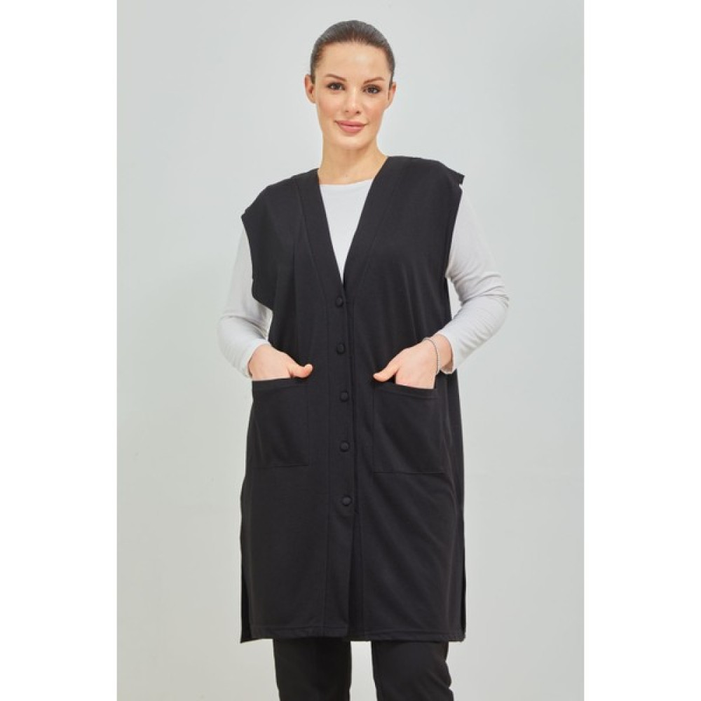 Fresh Moda Kadın Siyah Uzun Cepli Düğmeli Penye Anne Büyük Beden Tunik Yelek Kadın Yelek Fiyatı