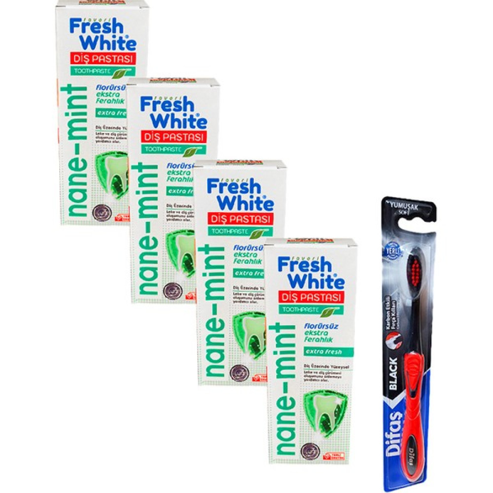 Fresh White Naneli Diş Macunu 90 gr x 4 ve Difaş Diş Fırçası Diş Macunları Fiyatı