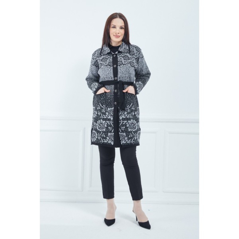 fresh&moda Kadın Desenli Uzun Triko Düğmeli Kuşaklı Cepli Kışlık Anne Hırka Kadın Hırka Fiyatı