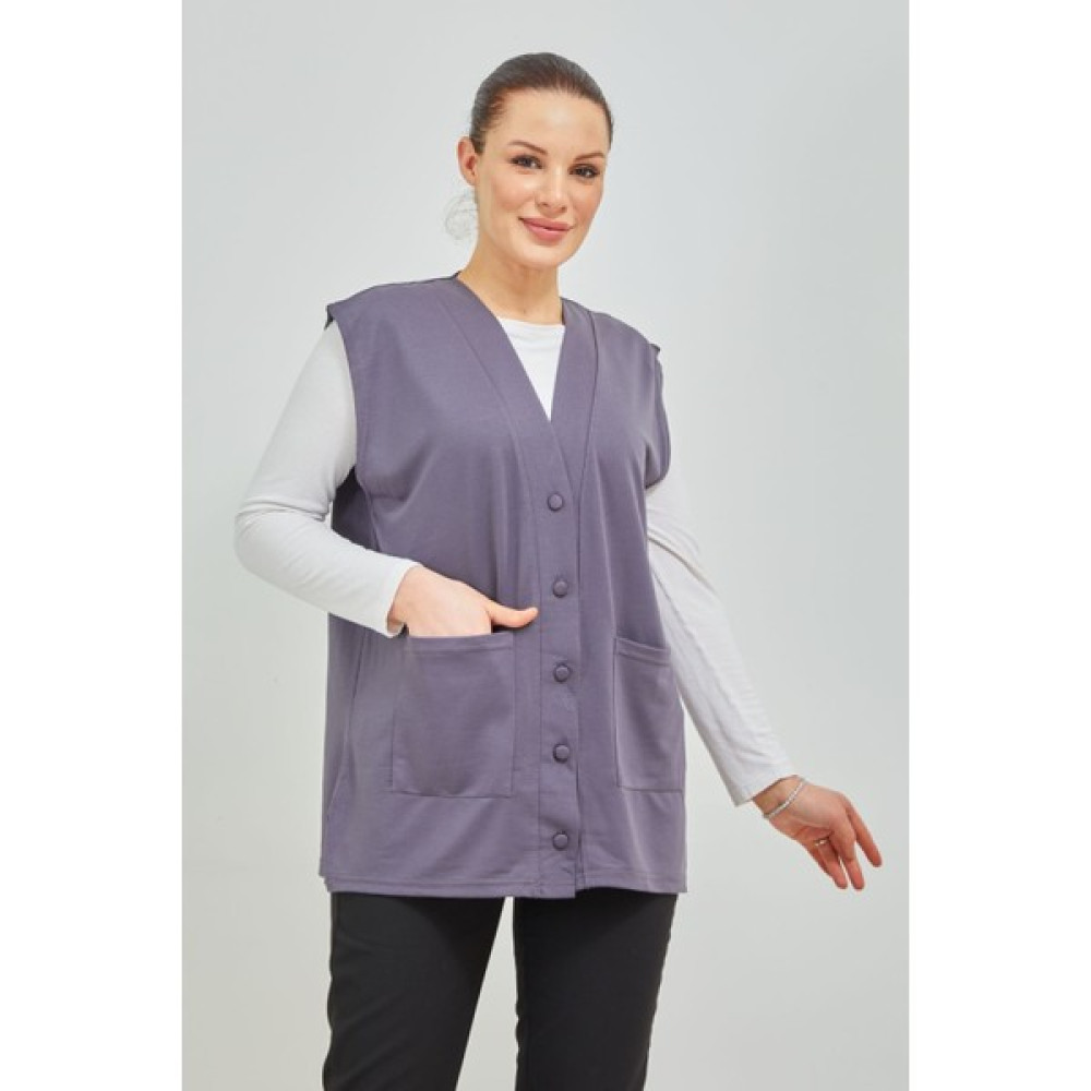 fresh&moda Kadın Gri Kısa Cepli Düğmeli Penye Anne Büyük Beden Yelek Kadın Yelek Fiyatı
