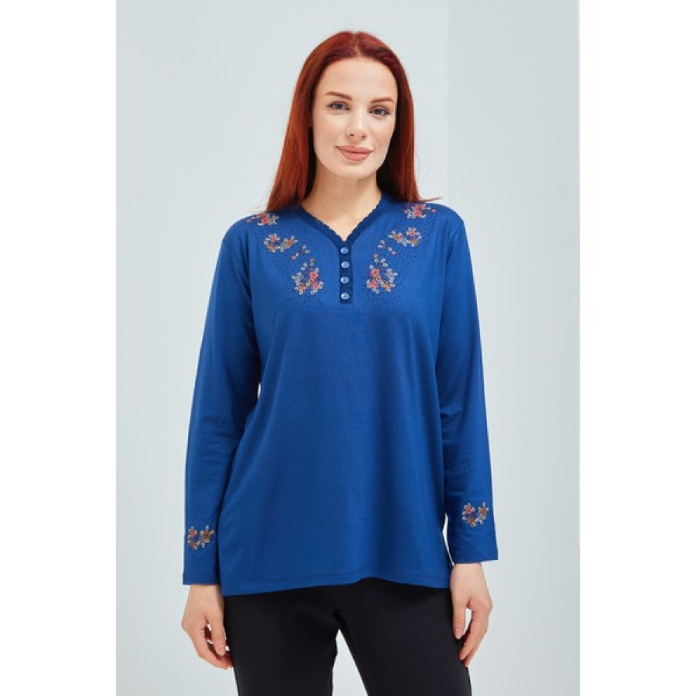 fresh&moda Kadın Indigo Mavisi V Yaka Düğmeli Çiçekli Likralı Anne Penye Bluz Bluz Fiyatı