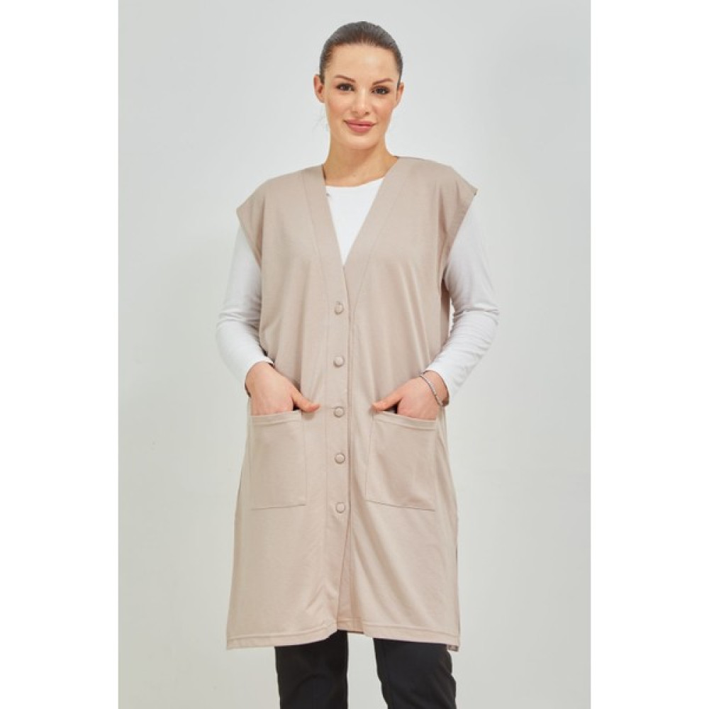 fresh&moda Kadın Krem Uzun Cepli Düğmeli Penye Anne Büyük Beden Tunik Yelek Kadın Yelek Fiyatı
