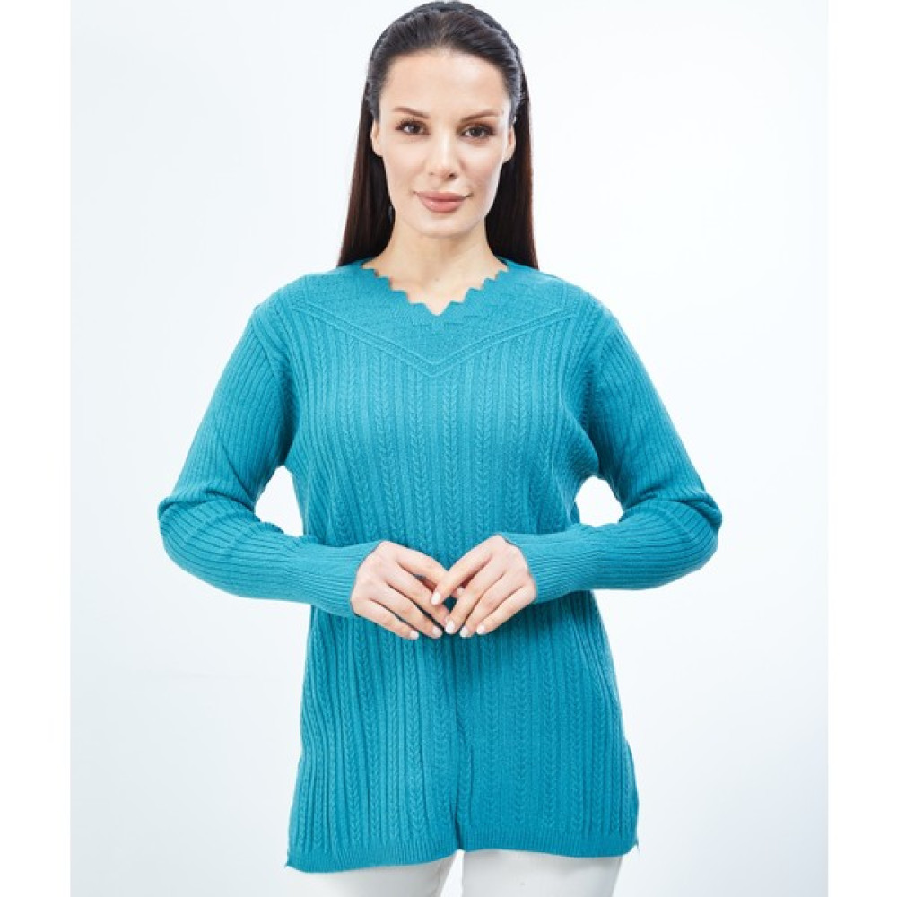 fresh&moda Kadın Mavi Triko V Yaka Kışlık Anne Esnek Kazak Bayan Kazak & Süveter & Triko Fiyatı