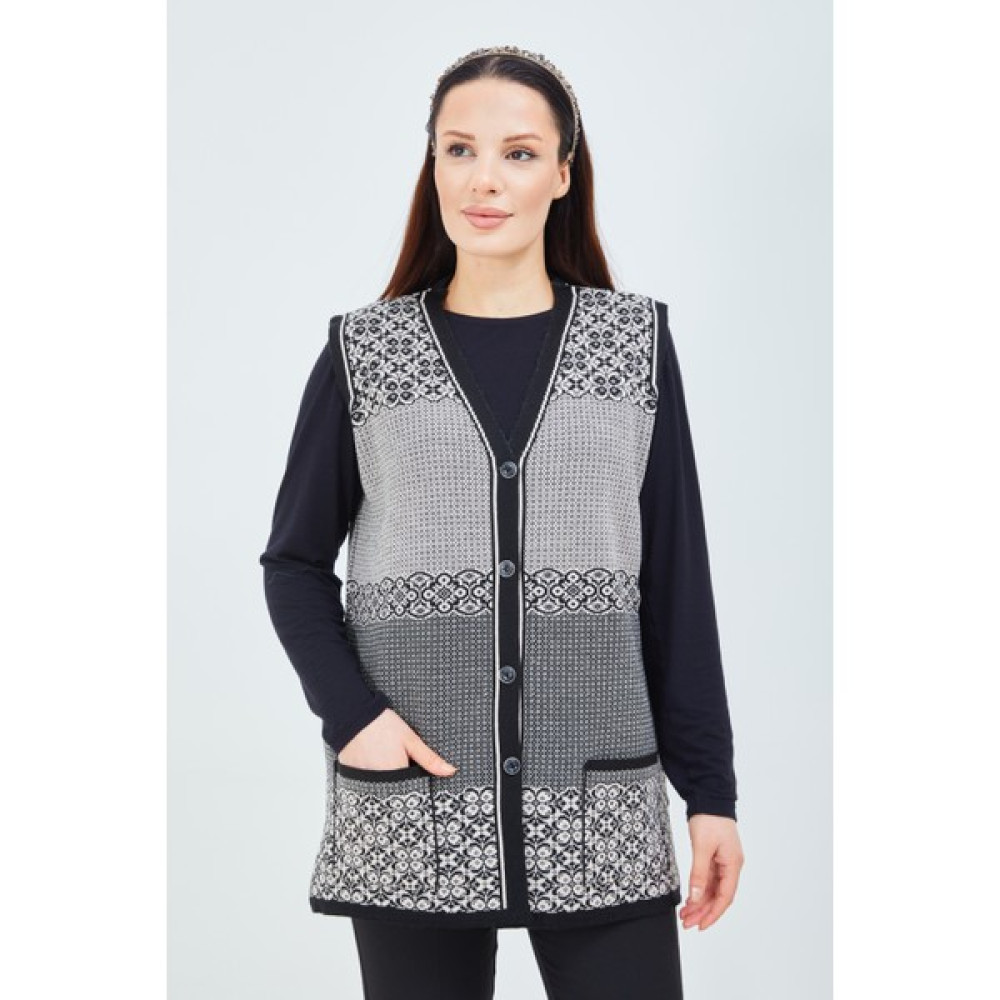 fresh&moda Kadın Siyah Beyaz Desenli Triko Düğmeli Cepli Kışlık Anne Yeleği Kadın Yelek Fiyatı