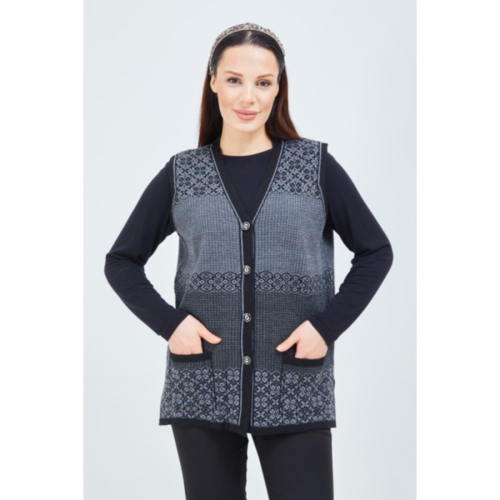 fresh&moda Kadın Siyah Gri Desenli Triko Düğmeli Cepli Kışlık Anne Yeleği Kadın Yelek Fiyatı