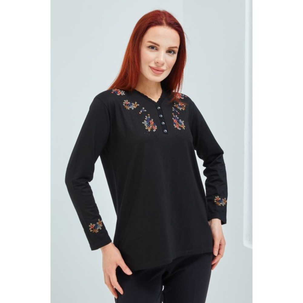 fresh&moda Kadın Siyah V Yaka Düğmeli Çiçekli Likralı Anne Penye Bluz Bluz Fiyatı
