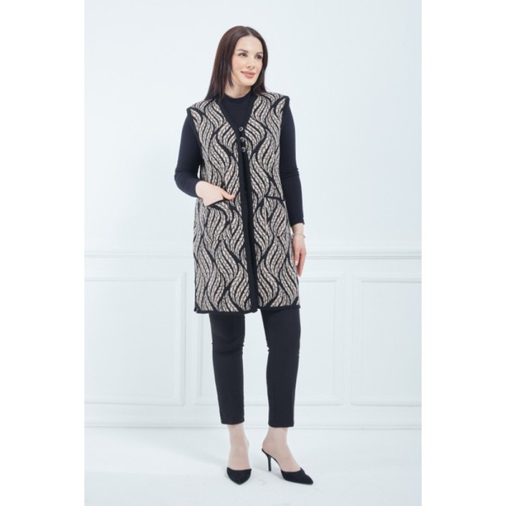 fresh&moda Kadın Vizon Desenli Cepli Uzun Kışlık Triko Anne Yelek Kadın Yelek Fiyatı