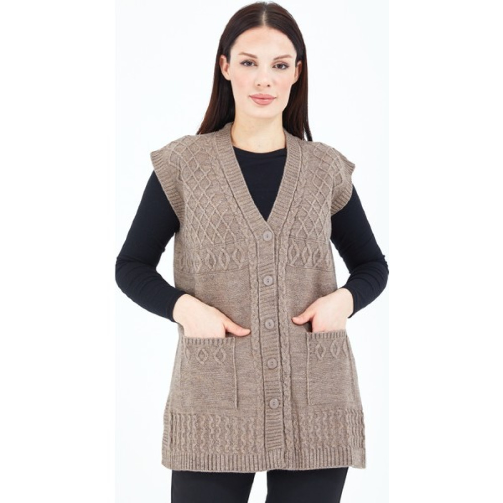 fresh&moda Kadın Vizon V Yaka Düğmeli Cepli Örgü Yün Anne Triko Yelek Kadın Yelek Fiyatı