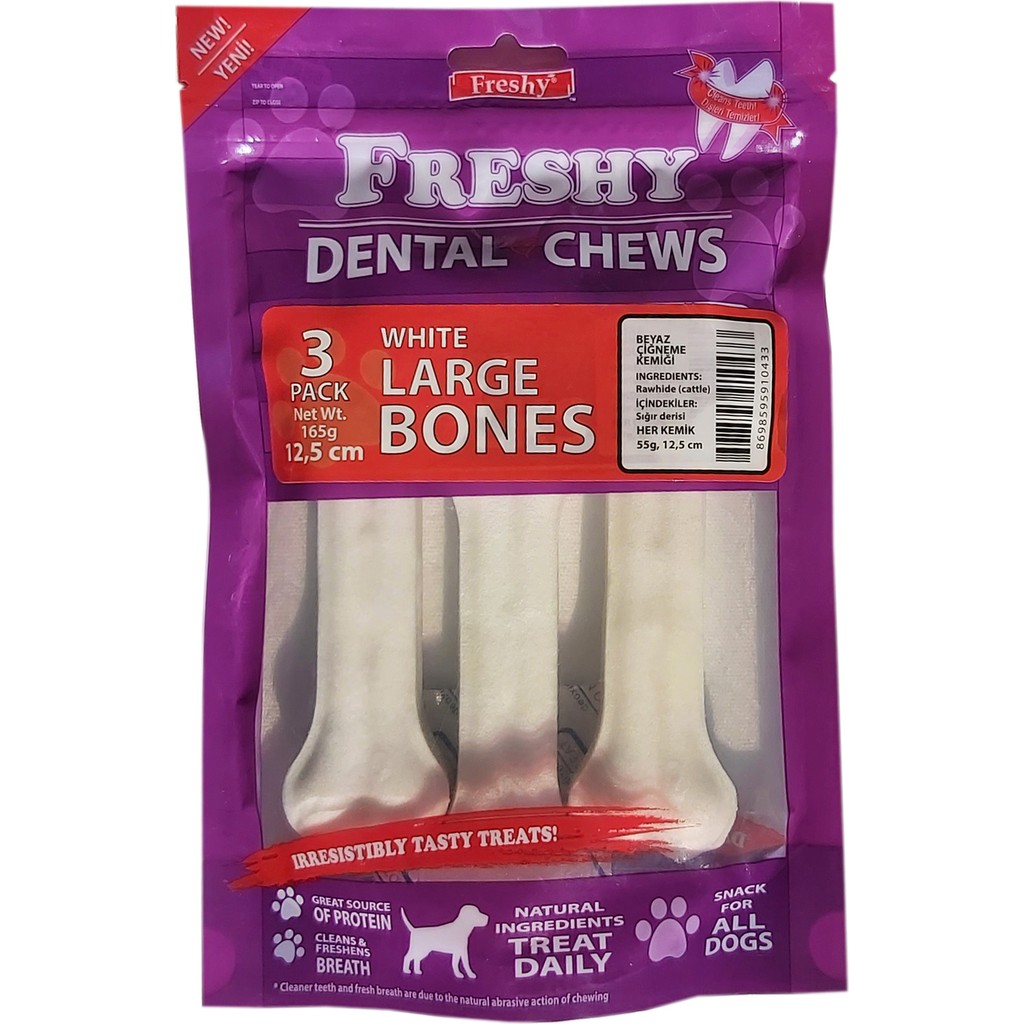 Freshy 3'lü Paket Beyaz Büyük Boy Dental Kemik 12,5 cm (5") Toplam 165 Gram Sığır Derisi ile Sağlıklı Diş Temizliği Diğer Fiyatı
