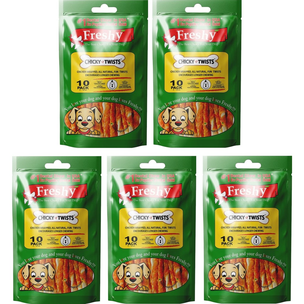Freshy Chicky Twists 5 Paketlik Set - 50 Adet Tavuk Eti Kaplı Burgu Çiğneme Çubuğu Diğer Fiyatı