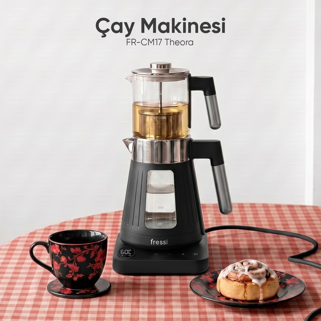 Fressi Dijital Standlı | 12 Saat Sıcak Tutma Ayarlı | Cam Çay Makinesi CM17 Theora - Siyah Çay Makineleri Fiyatı