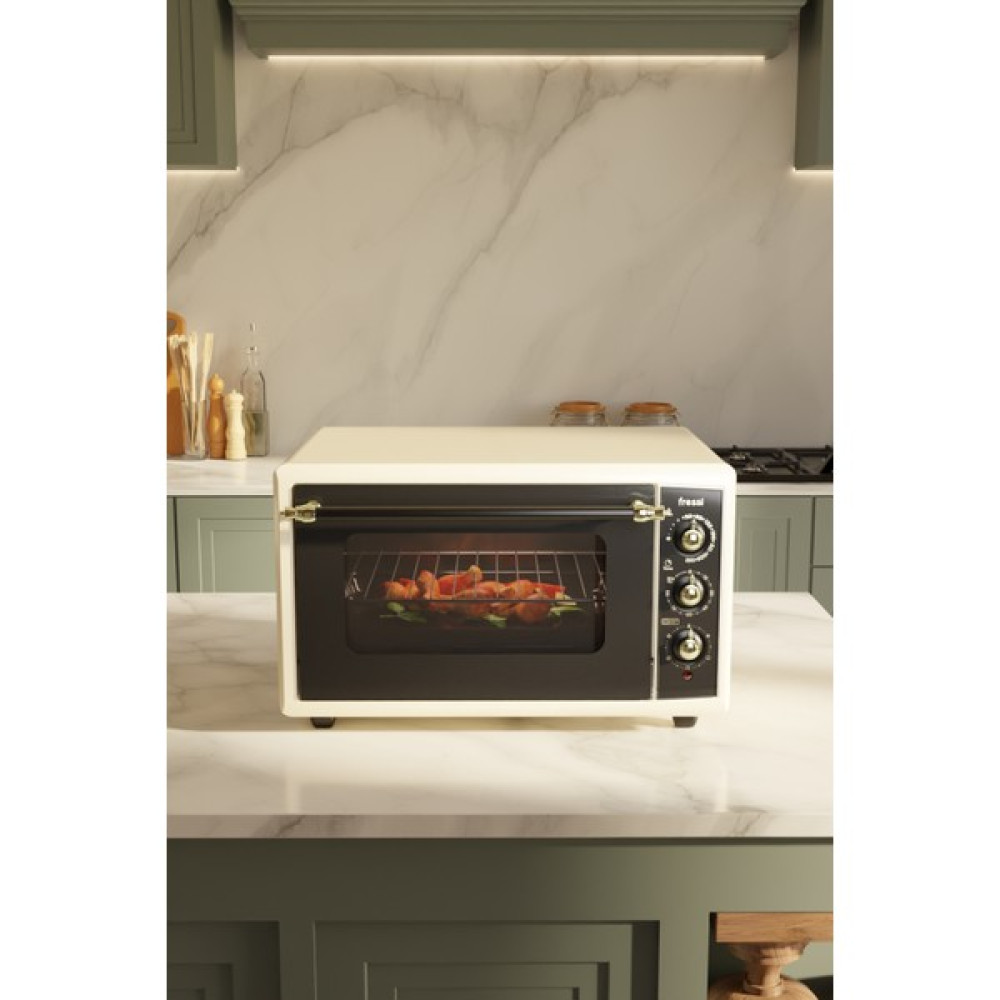 Fressi FR-MF01 Vintage Retro 46 Litre Turbo, Lambalı, Termostatlı, Saatli Midi Fırın 2000W - Krem Mini / Midi Fırınlar Fiyatı