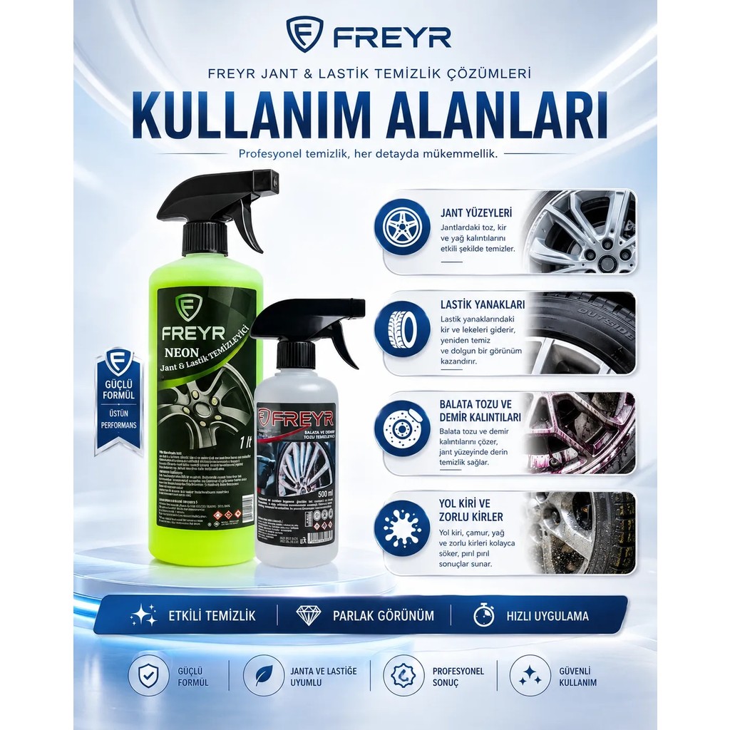 Freyr Neon Jant & Lastik Temizleyici 1lt + 500ml Demir Tozu Balata Temizleyici Seti | Profesyonel Oto Detay Temizlik Bakım Seti Diğer Fiyatı