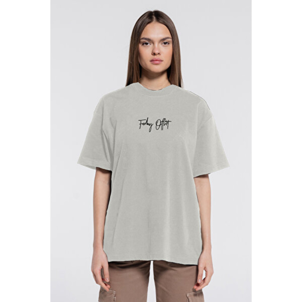 Friday Offset Friday Tee Ekru Kadın %100 Pamuk Ekstra Oversize Bisiklet Yaka Tişört Bayan T-shirt Fiyatı