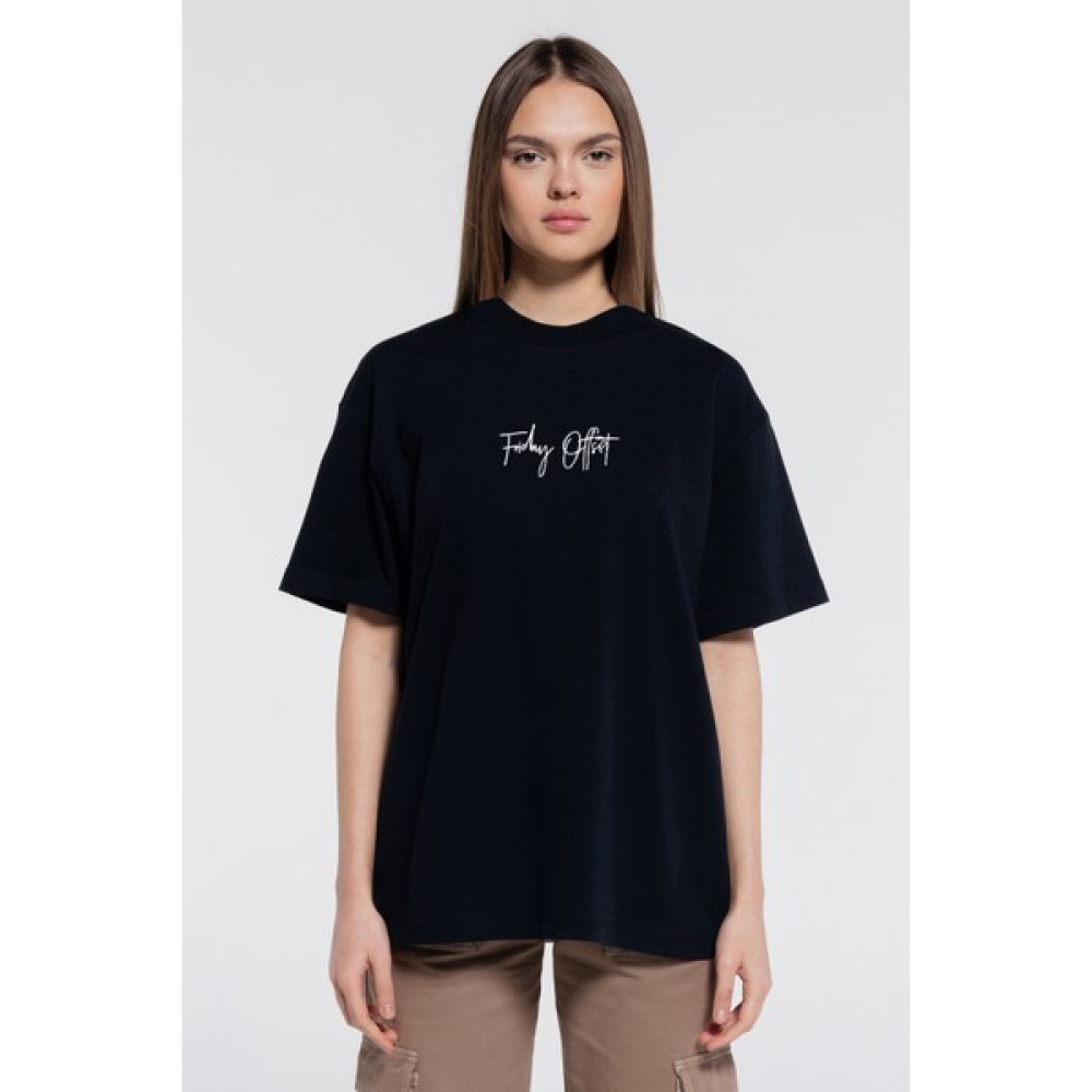 Friday Offset Friday Tee Siyah Kadın %100 Pamuk Ekstra Oversize Bisiklet Yaka T-Shirt Bayan T-shirt Fiyatı