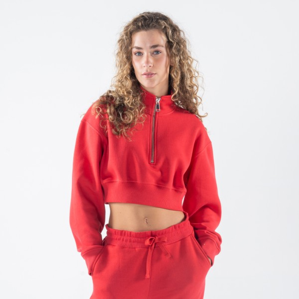 Friday Offset James Kadın Kırmızı Dik Yaka Oversize Yarı Fermuarlı Crop Sweatshirt Bayan Sweatshirt Fiyatı