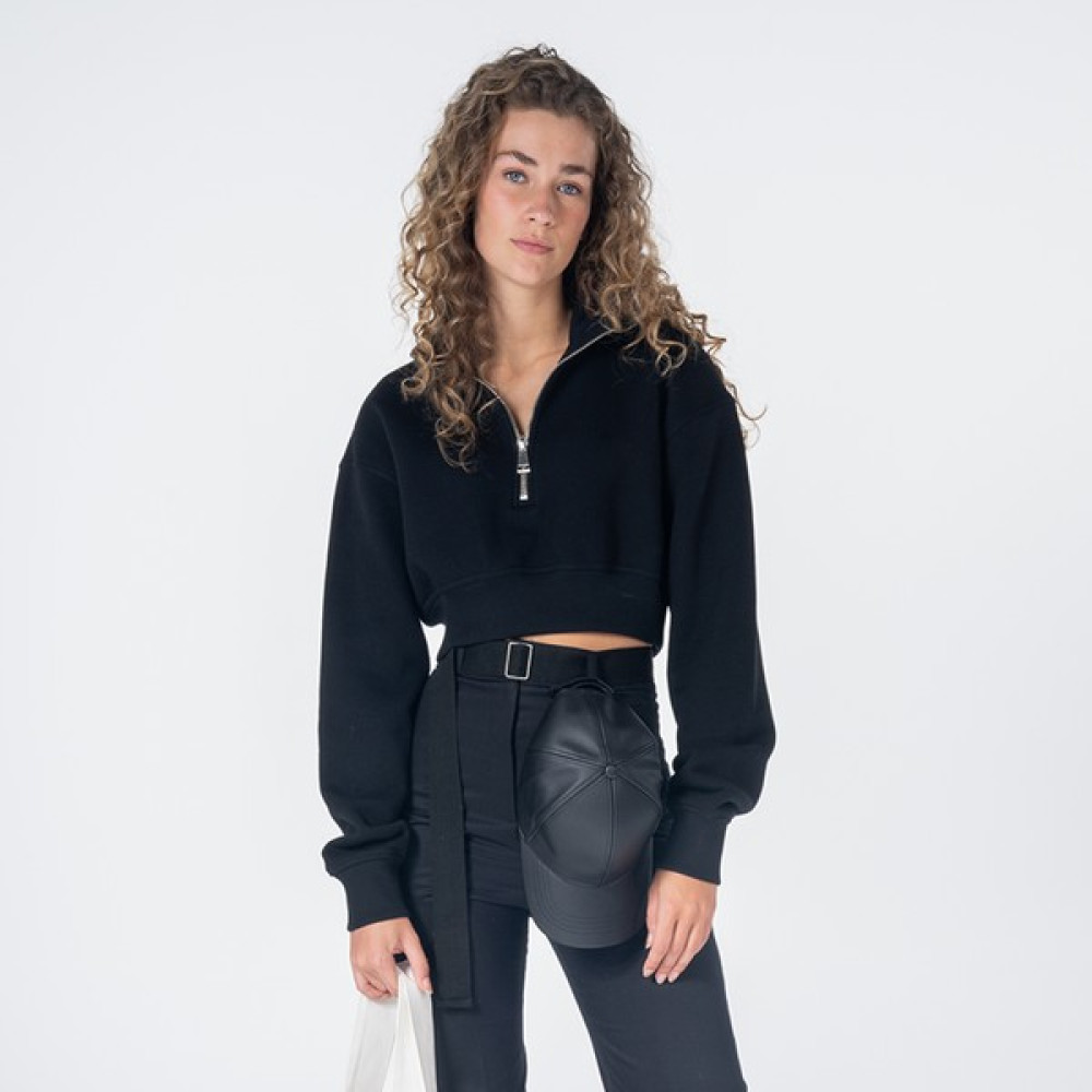Friday Offset James Kadın Siyah Dik Yaka Oversize Yarı Fermuarlı Crop Sweatshirt Bayan Sweatshirt Fiyatı