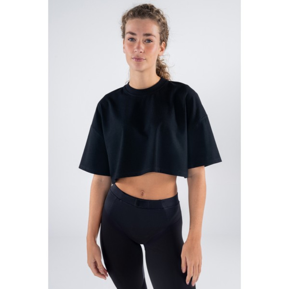 Friday Offset Monica Kadın Siyah %100 Pamuk Bisiklet Yaka Ekstra Oversize Crop Tişört Bayan T-shirt Fiyatı