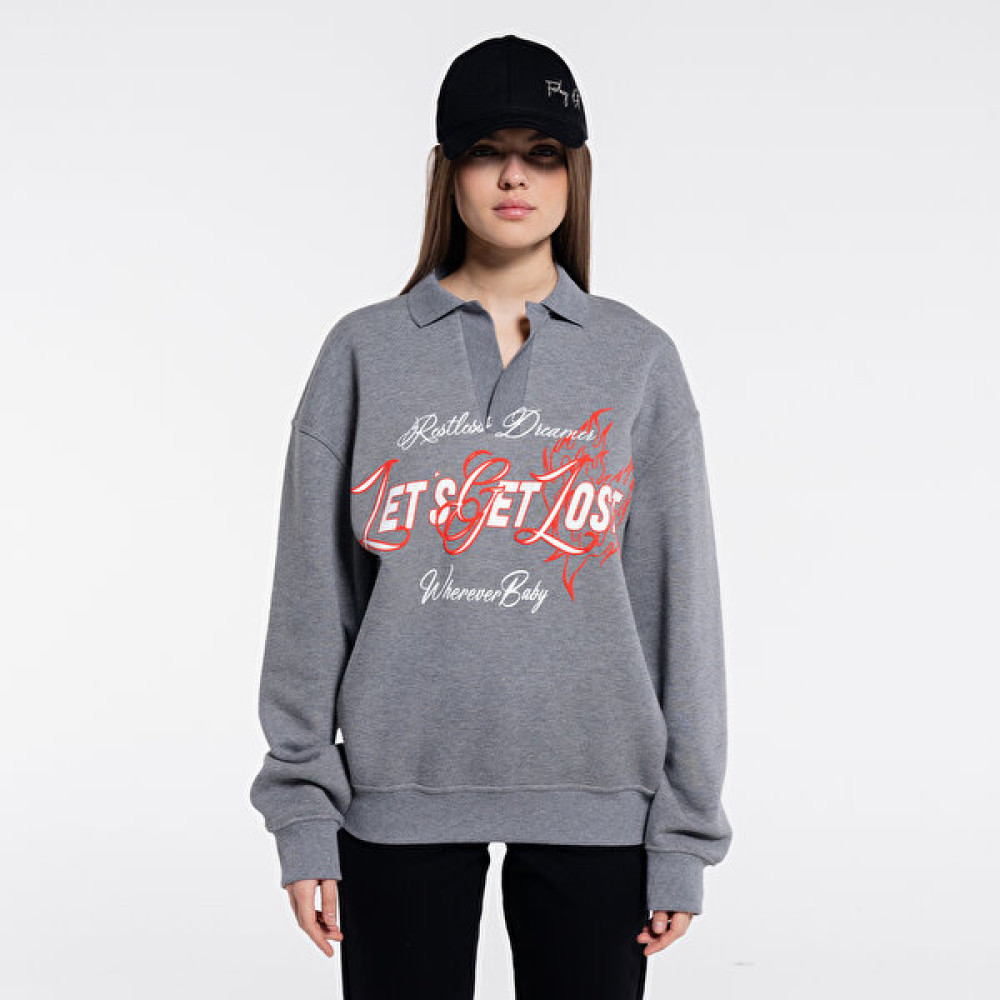 Friday Offset Stephan Kadın Gri Melanj Ekstra Oversize Polo Yaka Sweatshirt - Şardonlu 3 Iplik Bayan Sweatshirt Fiyatı