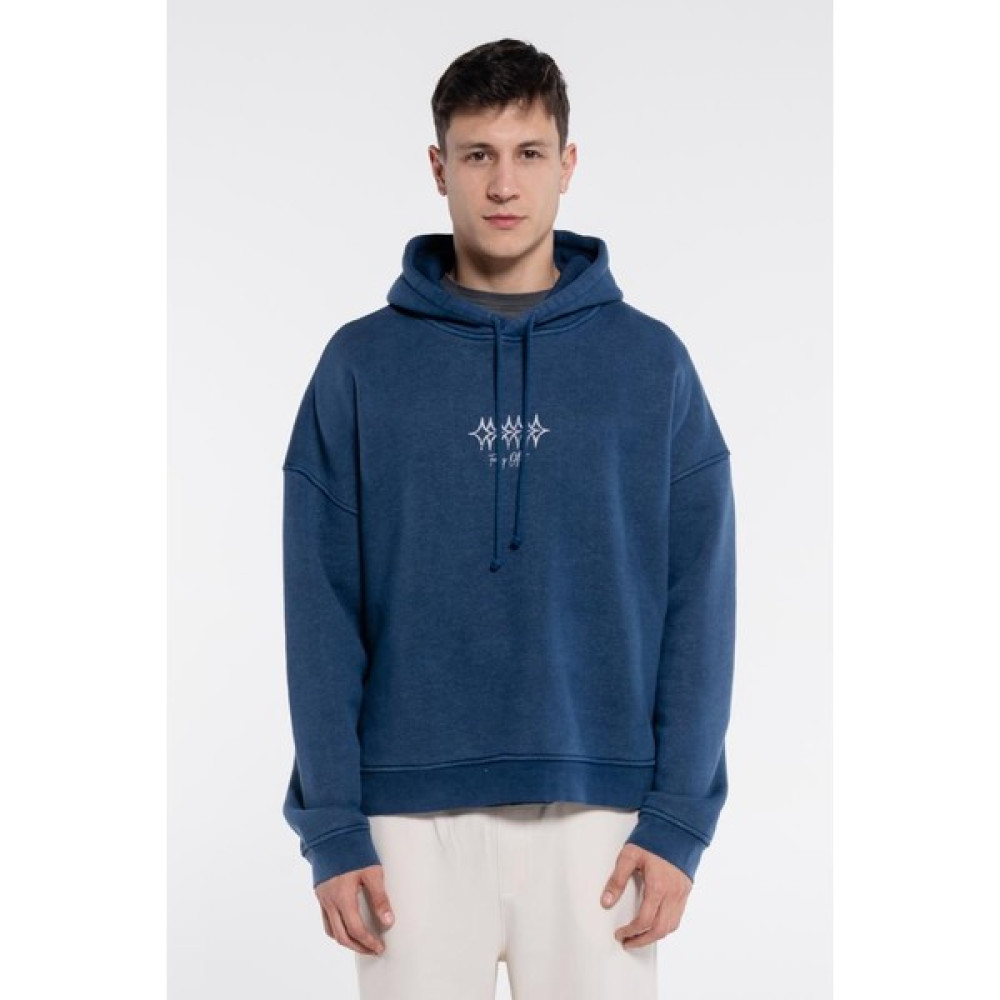 Friday Offset Velo Erkek Mavi Kapüşonlu Ekstra Oversize Sweatshirt Hoodie - Yıkama Efektli 3 Iplik Kumaş Erkek Sweatshirt Fiyatı