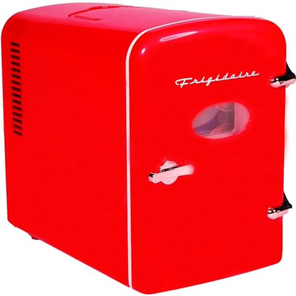 Frigidaire Red Mini Personal Fridge Cooler, 1 Gal Capacity fits Six Cans, Includes Plugs for Home Outlet & DC Charger - 9.84" D x 7.09" W x 10.35" H