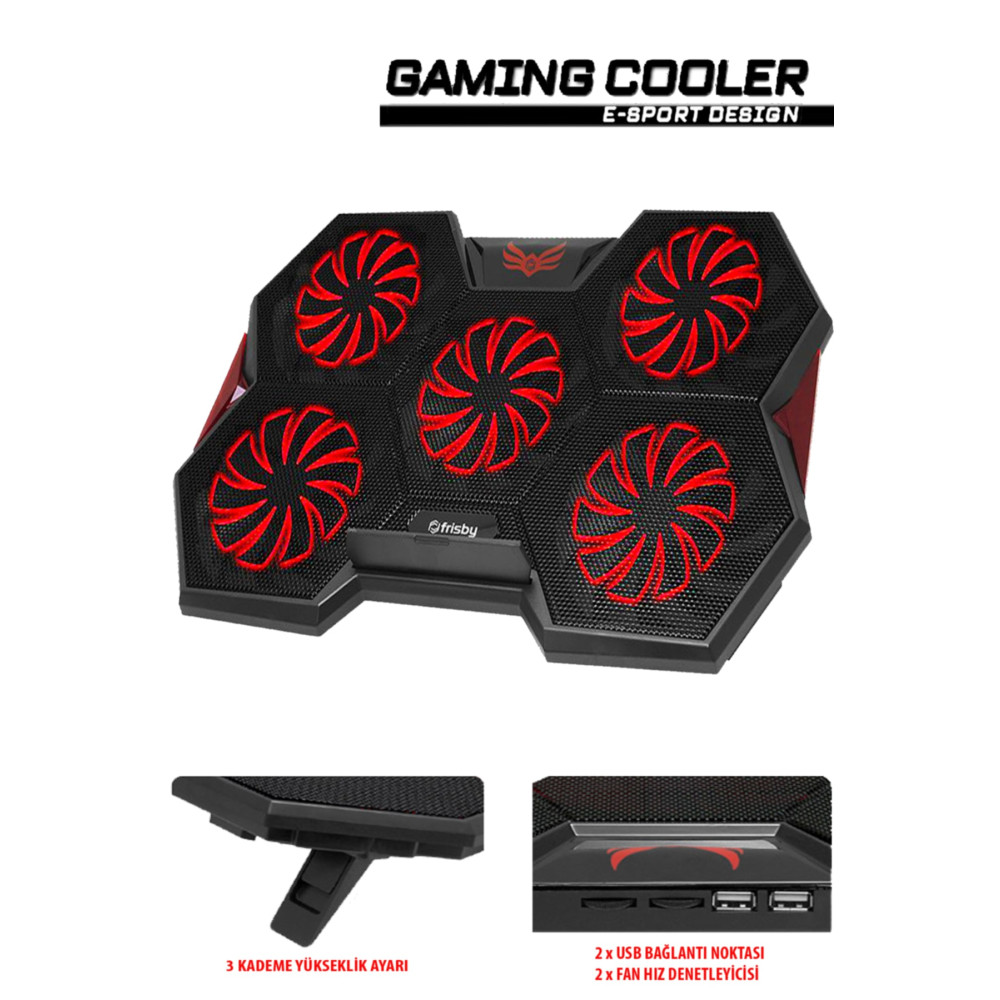 FRISBY Gp4 E-sport Desing 5 Fanlı Ledli Pro Standlı 15-17" Uyumlu Notebook Soğutucu Dizüstü Bilgisayar Aksesuarları Fiyatı