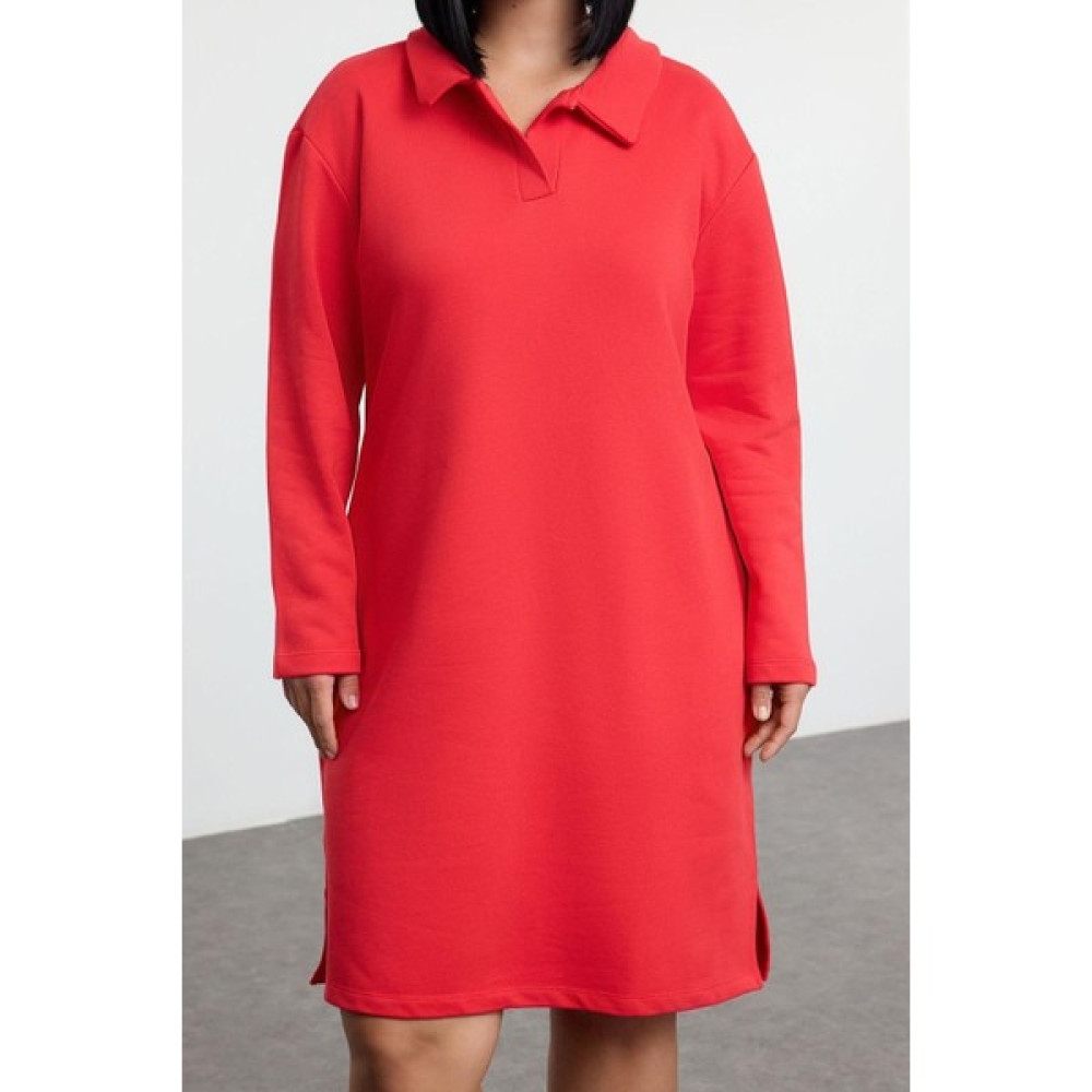 FRM Kadın Moda Şık Büyük Beden Midi Boy Polo Yaka Relaxed 2 Iplik Şardonsuz Örme Büyük Beden Elbise Elbise Fiyatı