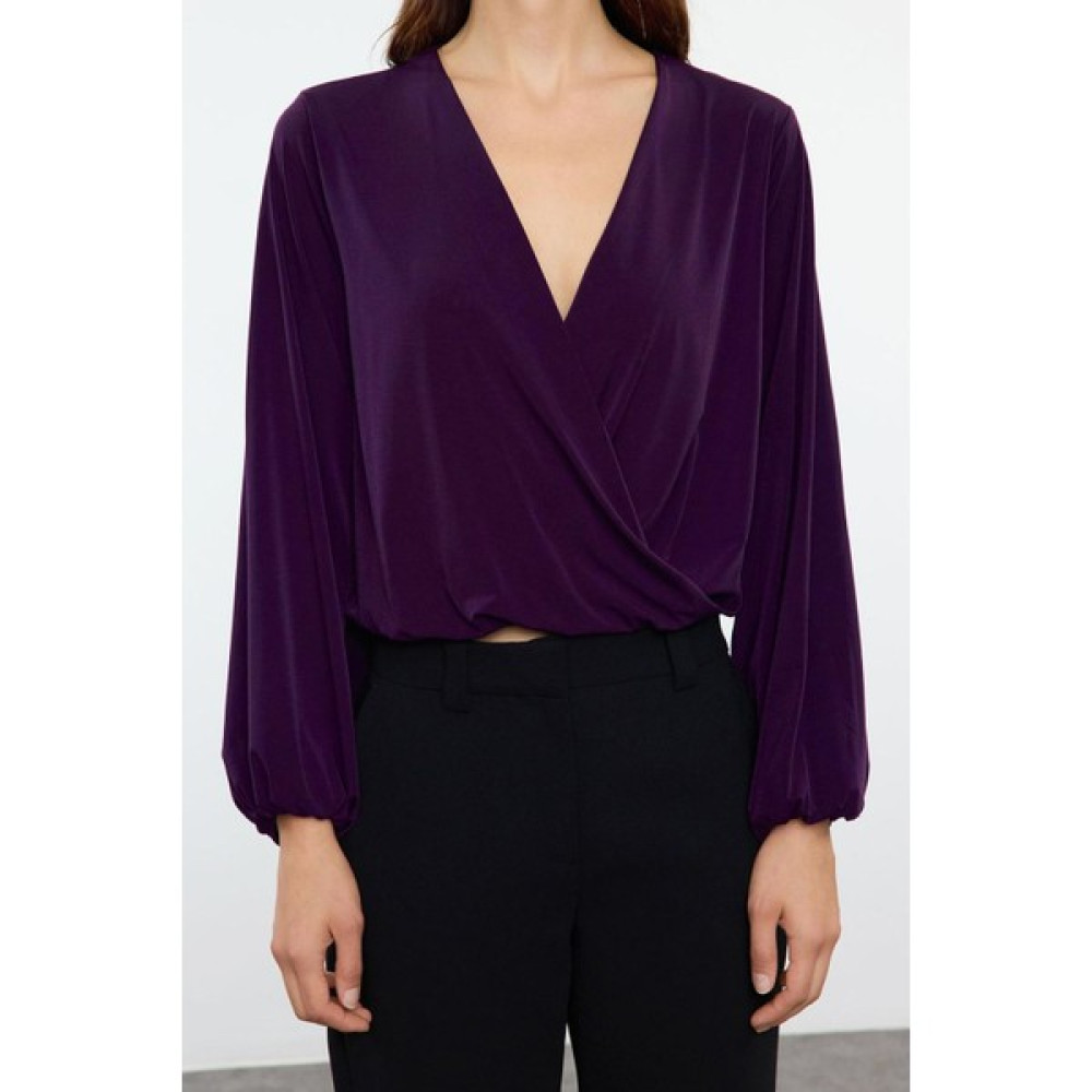FRM Kadın Moda Şık Üst Giyim Crop Kruvaze Yaka Balon Kol Regular Kalıp Örme Slim Yaka Esnek Bluz Bluz Fiyatı