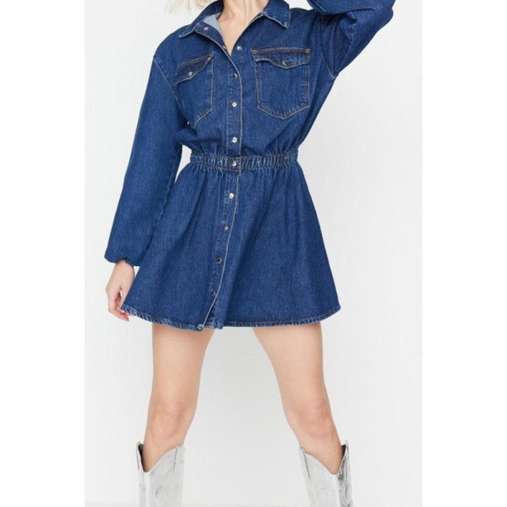 FRM Regular Mezuniyet Balo Rigid Denim Gömlek Yaka Kısa Kol Skater Kısa Boy Elbise Elbise Fiyatı