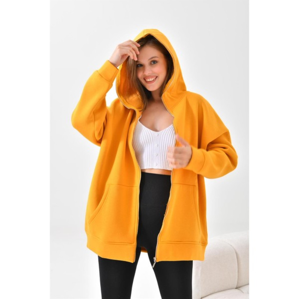 Ftz Women Kadın 3 Ip Şardonlu Fermuarlı Sweatshırt Hardal Bayan Sweatshirt Fiyatı
